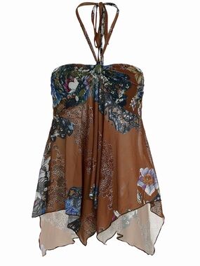 Brown Floral Halter Handkerchief Hem Top